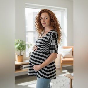 Motherhood Maternity Black Gray Striped Empire Waist Tunic Top L